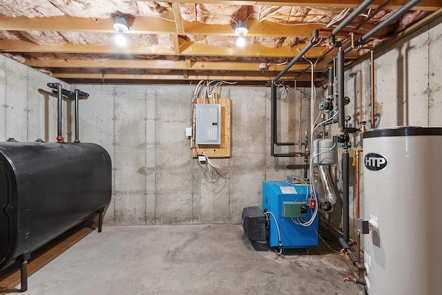 utilities featuring heating fuel, electric panel, water heater, and a heating unit