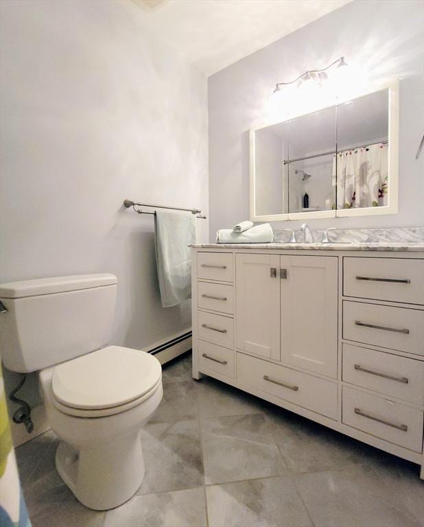 30 Ridgewood Ln, Quincy, MA 02169 - bathroom featuring vanity, a shower with shower curtain, and a baseboard heating unit
