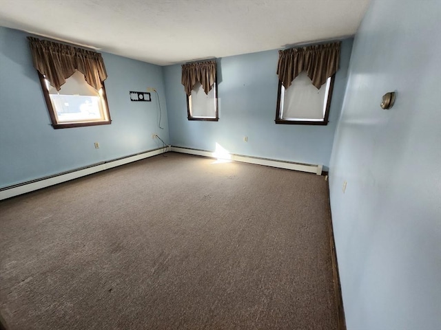 carpeted spare room featuring a baseboard radiator