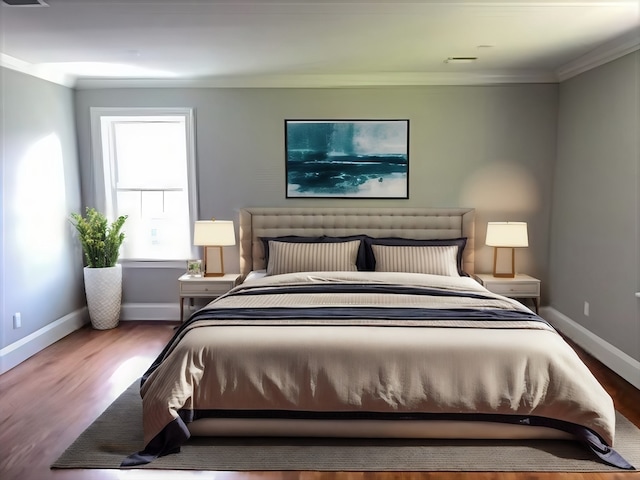 bedroom featuring hardwood / wood-style floors and ornamental molding