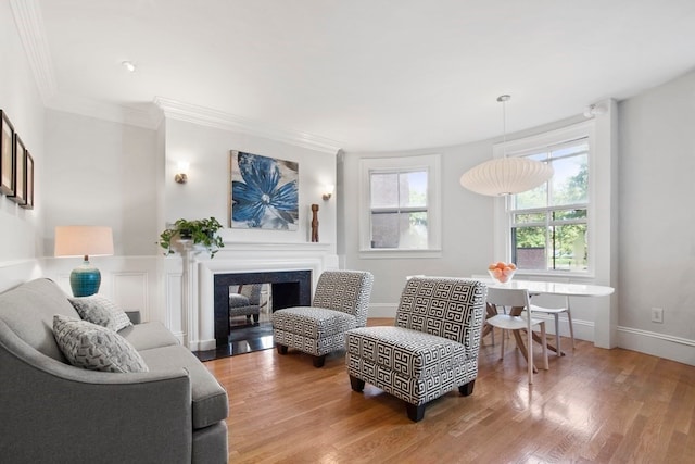 interior space featuring crown molding, hardwood / wood-style flooring, and a premium fireplace