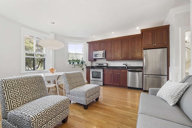 kitchen featuring sink, a healthy amount of sunlight, appliances with stainless steel finishes, and light hardwood / wood-style flooring