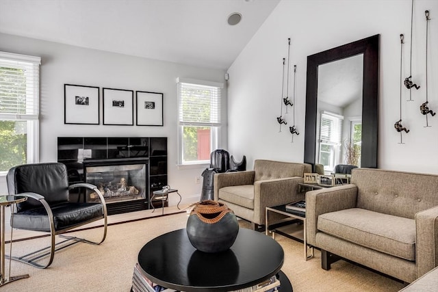 23 Matt Hoxie Trl Unit 23, Plymouth, MA 02360 - living area featuring lofted ceiling and a fireplace
