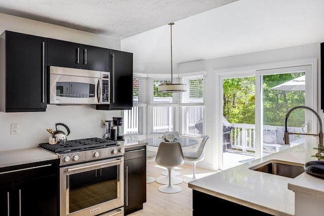 23 Matt Hoxie Trl Unit 23, Plymouth, MA 02360 - kitchen featuring dark cabinets, appliances with stainless steel finishes, a sink, light countertops, and light wood-type flooring