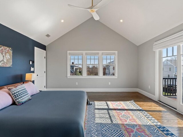 bedroom featuring access to outside, ceiling fan, baseboards, wood finished floors, and visible vents
