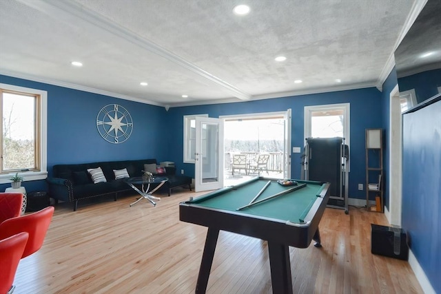 recreation room featuring baseboards, ornamental molding, wood finished floors, recessed lighting, and pool table