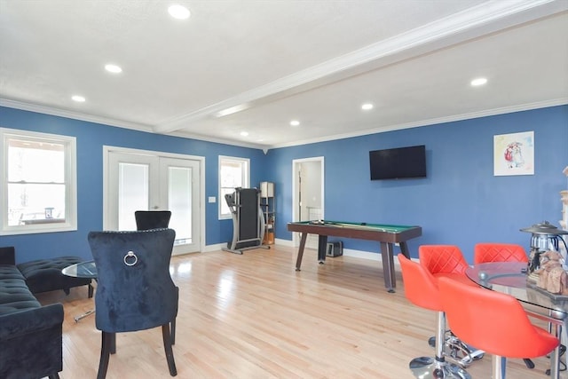 playroom with crown molding, recessed lighting, baseboards, light wood-style flooring, and billiards
