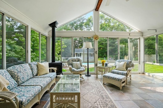 105 Old Barn Path, Marshfield, MA 02050 - sunroom with a wood stove and stone tile floors