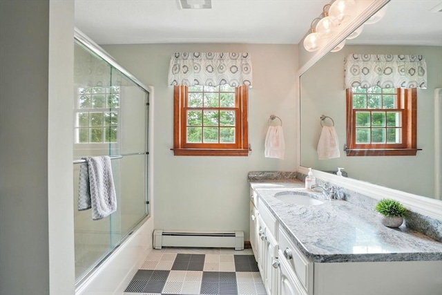 105 Old Barn Path, Marshfield, MA 02050 - full bathroom with baseboard heating, vanity, and combined bath / shower with glass door