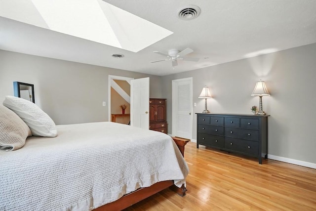 105 Old Barn Path, Marshfield, MA 02050 - bedroom with a skylight, baseboards, light wood-style flooring, a closet, and a ceiling fan