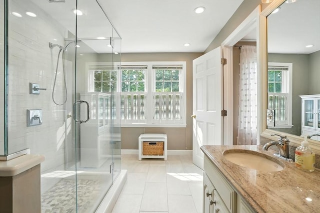 105 Old Barn Path, Marshfield, MA 02050 - bathroom with a stall shower, vanity, baseboards, tile patterned flooring, and heating unit
