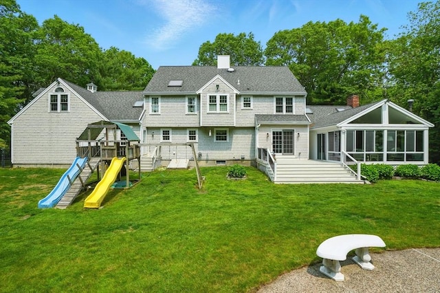105 Old Barn Path, Marshfield, MA 02050 - back of property featuring a sunroom, a playground, a yard, roof with shingles, and a chimney