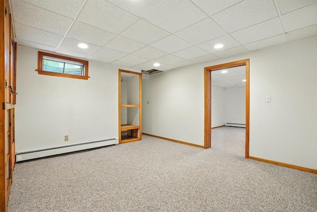 105 Old Barn Path, Marshfield, MA 02050 - basement featuring a baseboard heating unit, a drop ceiling, carpet, recessed lighting, and baseboards