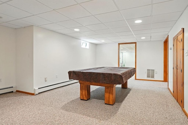 105 Old Barn Path, Marshfield, MA 02050 - recreation room with a baseboard radiator, carpet flooring, recessed lighting, baseboards, and a drop ceiling