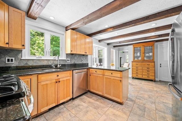 28 Old Farm Rd, Hopkinton, MA 01748 - kitchen with appliances with stainless steel finishes, a sink, a peninsula, decorative backsplash, and beam ceiling