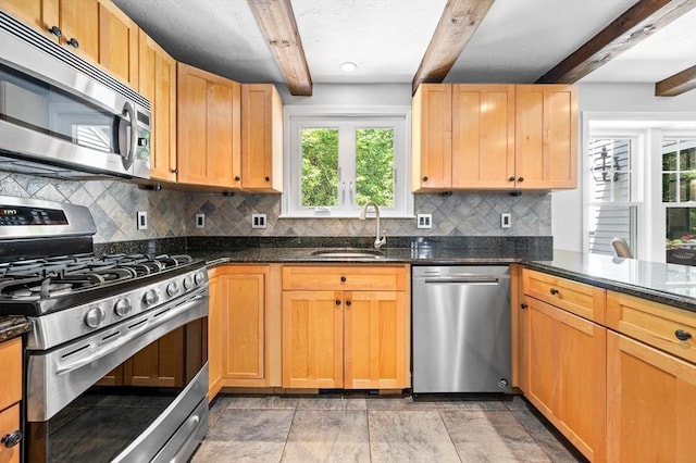 28 Old Farm Rd, Hopkinton, MA 01748 - kitchen featuring stainless steel appliances, a sink, beamed ceiling, backsplash, and healthy amount of natural light