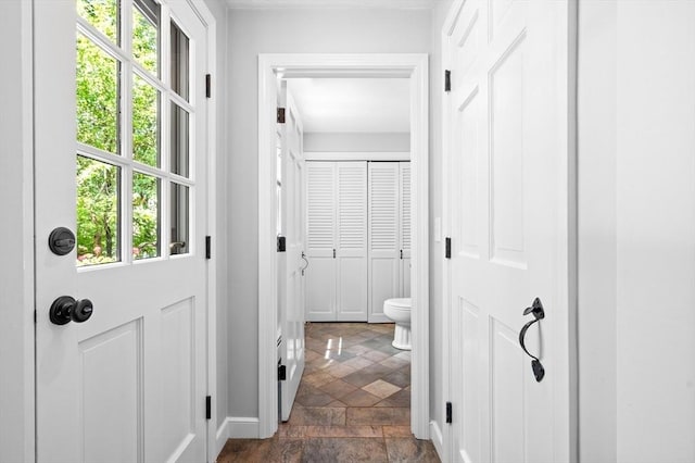 28 Old Farm Rd, Hopkinton, MA 01748 - bathroom featuring stone finish floors, baseboards, toilet, and a closet