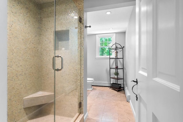 28 Old Farm Rd, Hopkinton, MA 01748 - full bathroom with a shower stall, baseboards, toilet, tile patterned flooring, and recessed lighting