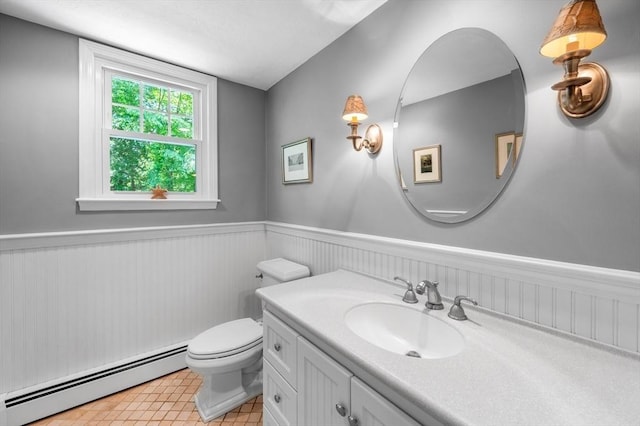 28 Old Farm Rd, Hopkinton, MA 01748 - bathroom featuring a baseboard radiator, a wainscoted wall, toilet, and vanity