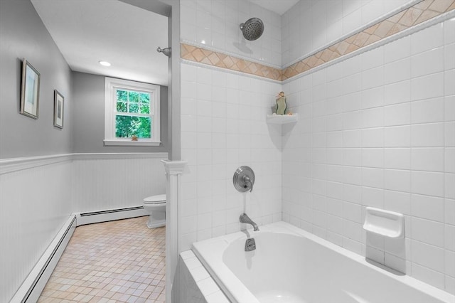 28 Old Farm Rd, Hopkinton, MA 01748 - bathroom featuring a baseboard radiator, toilet, tile patterned floors, and tiled shower / bath combo