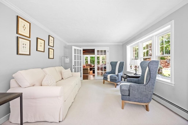 28 Old Farm Rd, Hopkinton, MA 01748 - living room featuring a baseboard radiator, crown molding, carpet floors, french doors, and baseboards