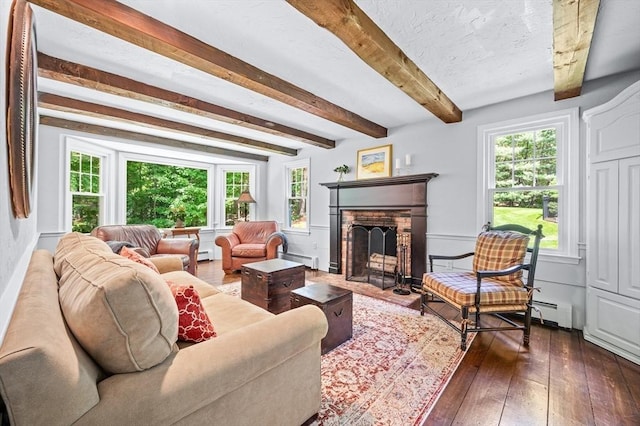 28 Old Farm Rd, Hopkinton, MA 01748 - living room featuring a baseboard radiator, a fireplace, plenty of natural light, and beamed ceiling