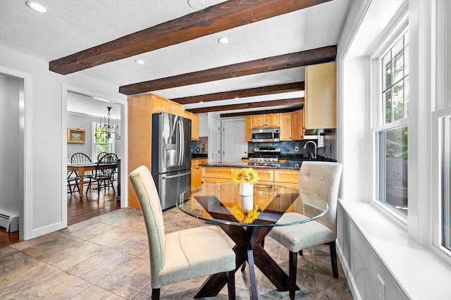 28 Old Farm Rd, Hopkinton, MA 01748 - dining area featuring baseboards, recessed lighting, beam ceiling, and a baseboard radiator