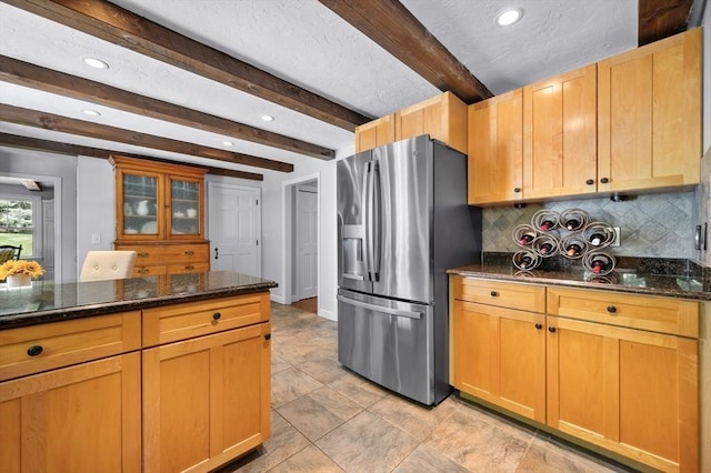 28 Old Farm Rd, Hopkinton, MA 01748 - kitchen with stainless steel refrigerator with ice dispenser, tasteful backsplash, beamed ceiling, recessed lighting, and dark stone counters