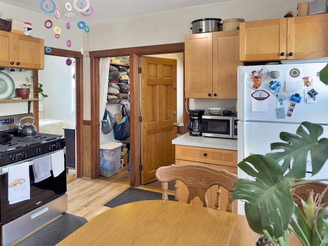 kitchen with light wood-type flooring, stainless steel appliances, and light countertops