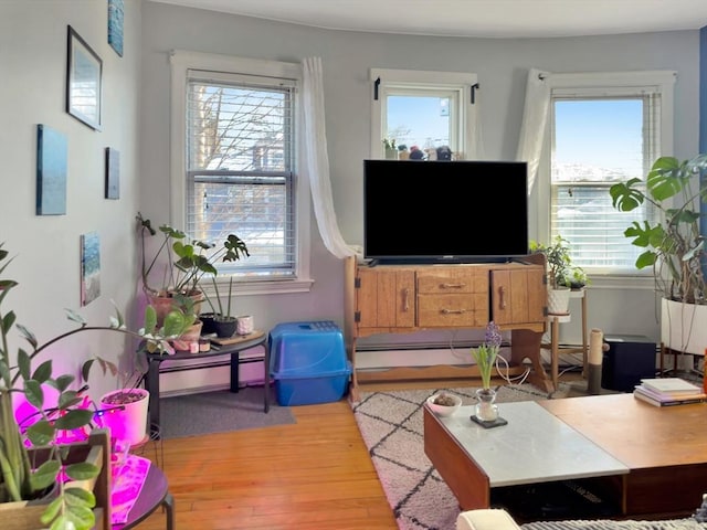 living room with a baseboard heating unit, wood finished floors, and a healthy amount of sunlight