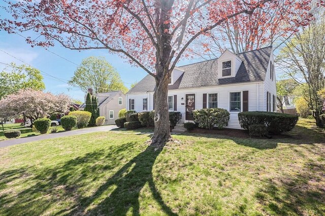 cape cod home with a shingled roof and a front yard