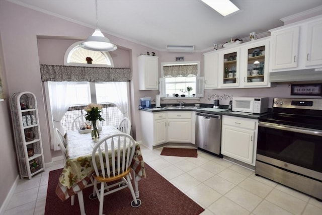 kitchen featuring ornamental molding, a sink, stainless steel appliances, and under cabinet range hood