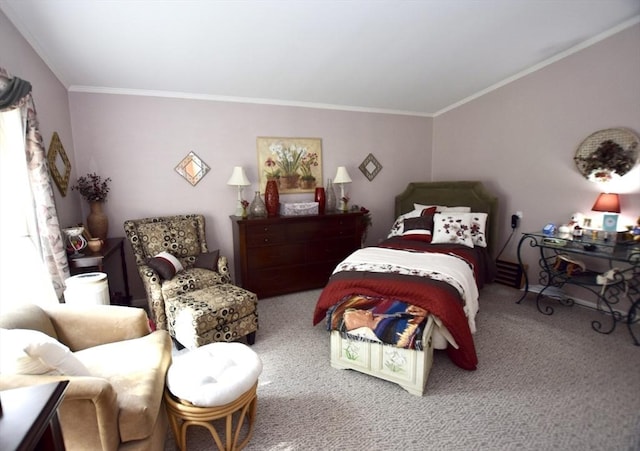 carpeted bedroom with crown molding