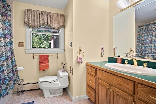 4 Merrow Ln, Stoneham, MA 02180 - full bathroom with vanity, tile patterned flooring, a baseboard heating unit, toilet, and baseboards