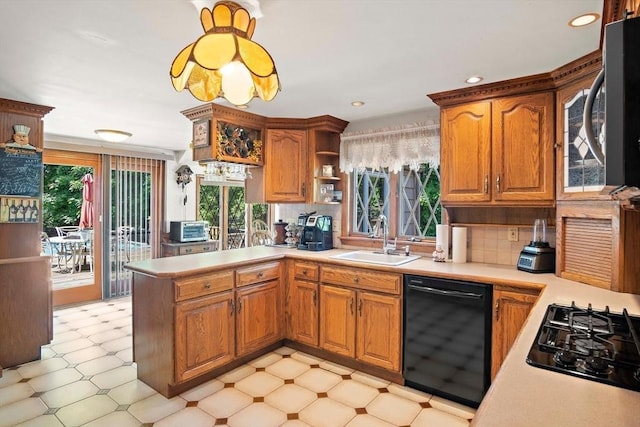 4 Merrow Ln, Stoneham, MA 02180 - kitchen with black appliances, a sink, open shelves, plenty of natural light, and recessed lighting