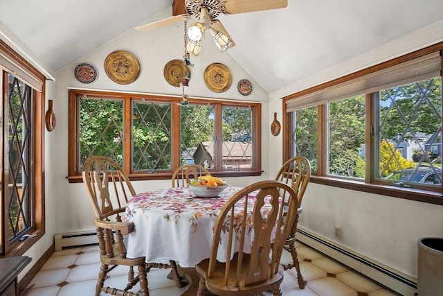 4 Merrow Ln, Stoneham, MA 02180 - dining room featuring baseboard heating, lofted ceiling, ceiling fan, and tile patterned floors