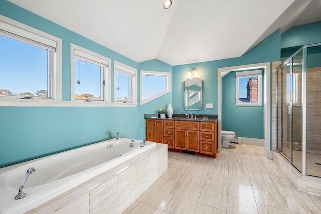 full bathroom featuring vanity, toilet, lofted ceiling, and a wealth of natural light