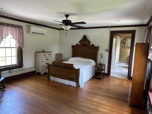 6 Weaver Farm Rd, Rutland, MA 01543 - bedroom with a wall mounted air conditioner, ornamental molding, wood-type flooring, and a ceiling fan