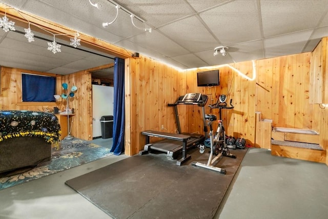43 Outlook Rd, Billerica, MA 01862 - workout room featuring a paneled ceiling and wooden walls