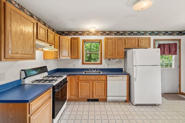 43 Outlook Rd, Billerica, MA 01862 - kitchen with white appliances, under cabinet range hood, and dark countertops