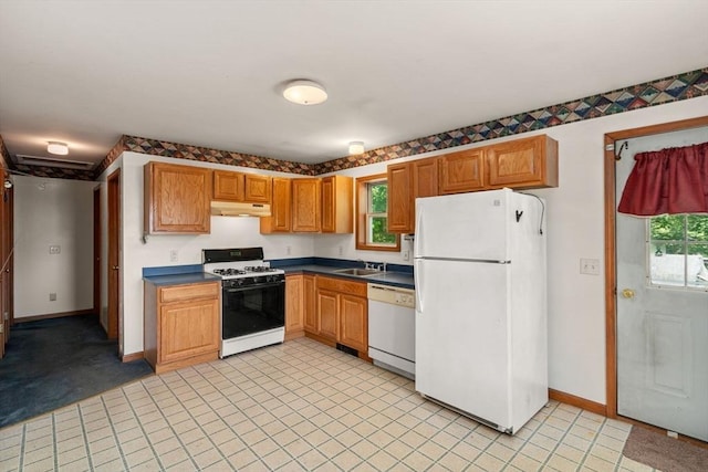 43 Outlook Rd, Billerica, MA 01862 - kitchen featuring white appliances, under cabinet range hood, and dark countertops
