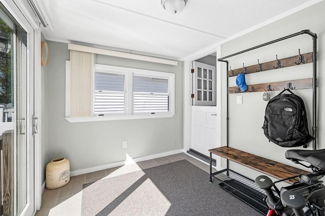 mudroom featuring baseboards and dark wood-style floors