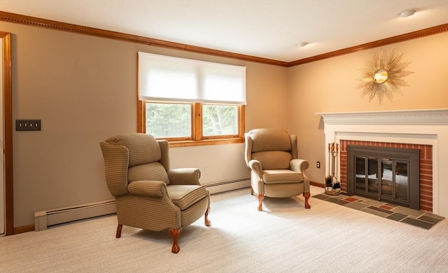 145 Reservoir St, Norton, MA 02766 - sitting room with a baseboard radiator, carpet floors, a brick fireplace, and crown molding