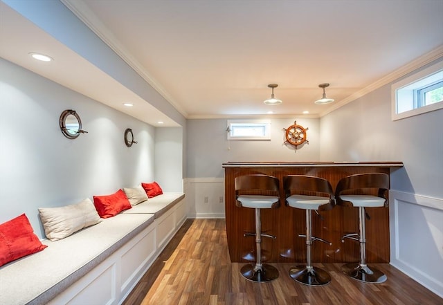 145 Reservoir St, Norton, MA 02766 - indoor dry bar featuring wainscoting, ornamental molding, wood finished floors, decorative light fixtures, and recessed lighting