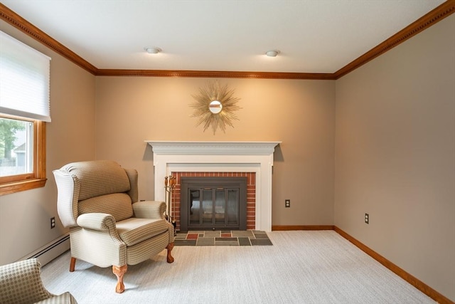 145 Reservoir St, Norton, MA 02766 - sitting room featuring ornamental molding, a brick fireplace, baseboards, a baseboard radiator, and carpet