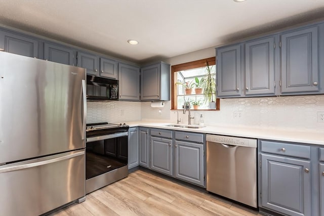 145 Reservoir St, Norton, MA 02766 - kitchen with stainless steel appliances, a sink, gray cabinets, light wood-style flooring, and tasteful backsplash
