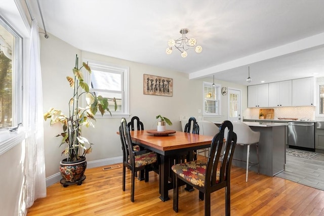 dining area with beam ceiling, a notable chandelier, light wood finished floors, visible vents, and baseboards