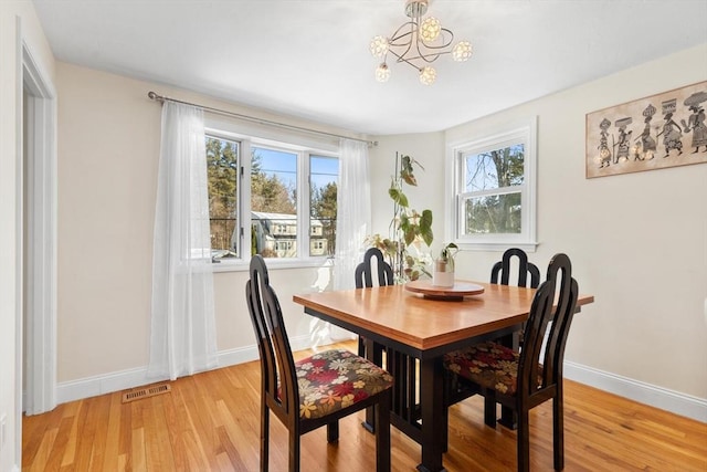 dining space with a wealth of natural light, light wood-type flooring, and visible vents