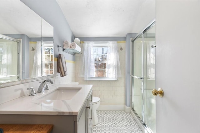 full bathroom with toilet, a shower stall, tile walls, and vanity