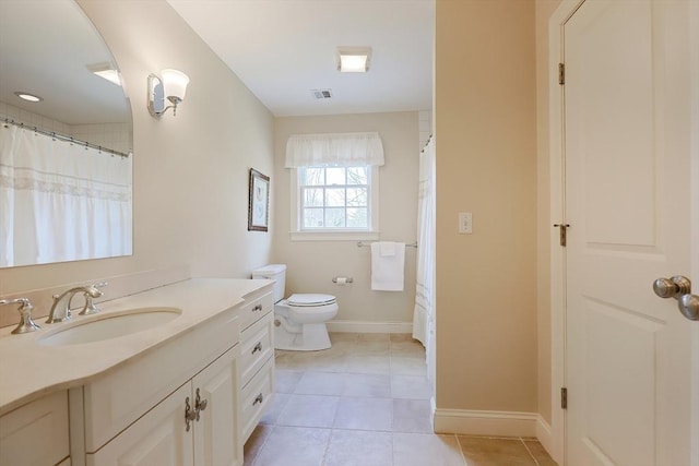 bathroom with vanity, toilet, baseboards, tile patterned floors, and visible vents